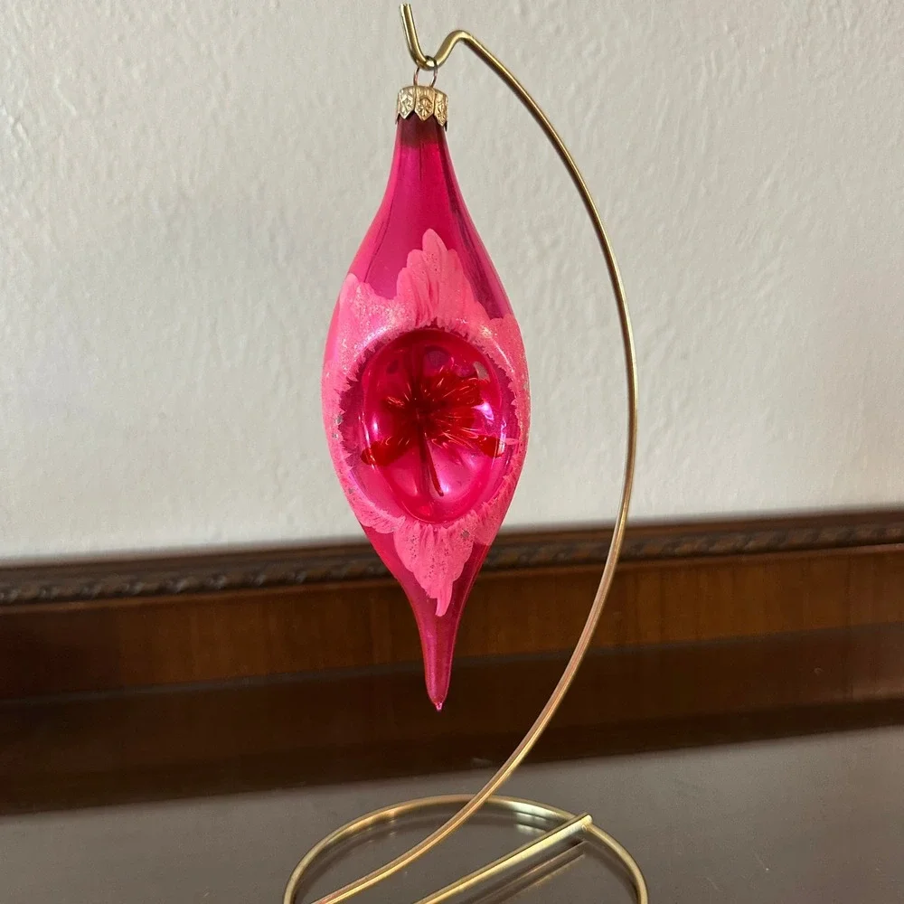 Vtg USSR 6.5'' Pink Glass Teardrop Indent Christmas Ornament MCM Reflector GLOWS